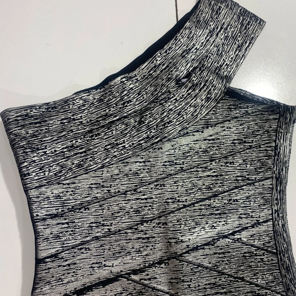 JS‎ Collections Black Metallic Silver Painted One Shoulder Bandage Bodycon Dress